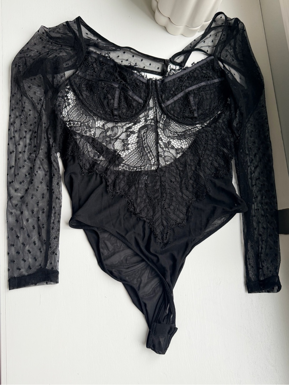 Bardot Sheer Lace Polka Dot Long-Sleeve Bodysuit - Picture 2 of 6